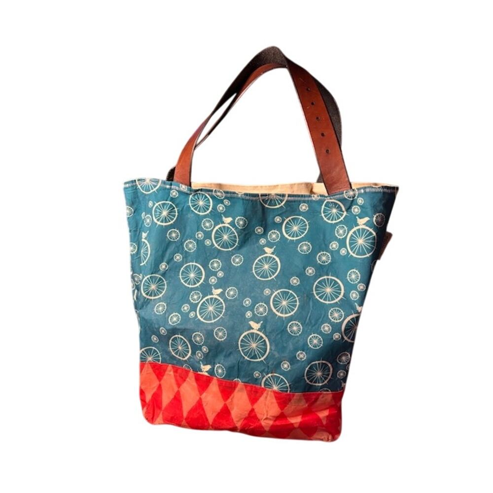 Duncan's Family Jewels Waxed Canvas Tote Bag Bicycle Print Leather Handles Purse